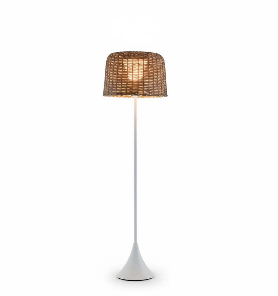 Bamburo Vintage Rattan Solar Outdoor Floor Lamp – Black Metal Hooded Terrace