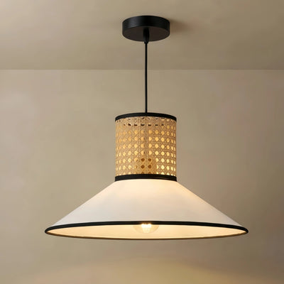 Bamburo Farmhouse Hooded Pendant Light — Fabric & Rattan for Dining Room