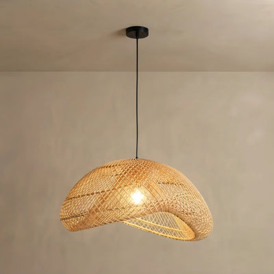 Bamburo Farmhouse Pendant Light — Uneven Metal & Rattan for Dining Room