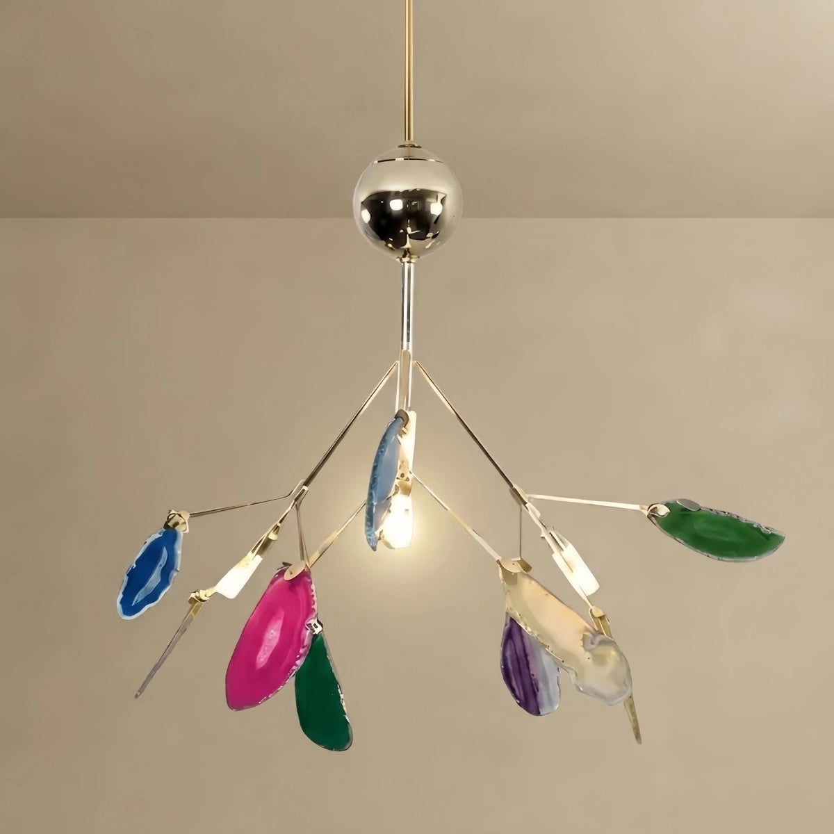 Excelis Art Deco Natural Agate Chandelier - Leaf Design in Blue/Green/Colorful
