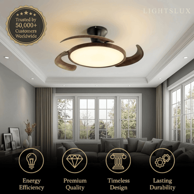Modern Ceiling Fan Light -- Walnut Wood & Black PVC with LED for Bedroom