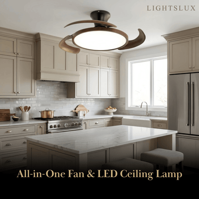 Zenno Modern Ceiling Fan Light -- Walnut Wood & Black PVC with LED for Kitchen