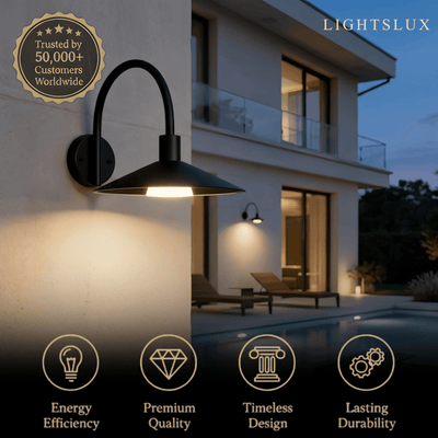 NU011Solara Minimalist Arched Arm Wall Sconce — Stainless Steel Gold/Black