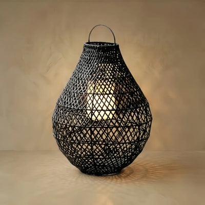 Solara Natural Handwoven Rattan Solar Lantern Floor Lamp -- Black for Garden