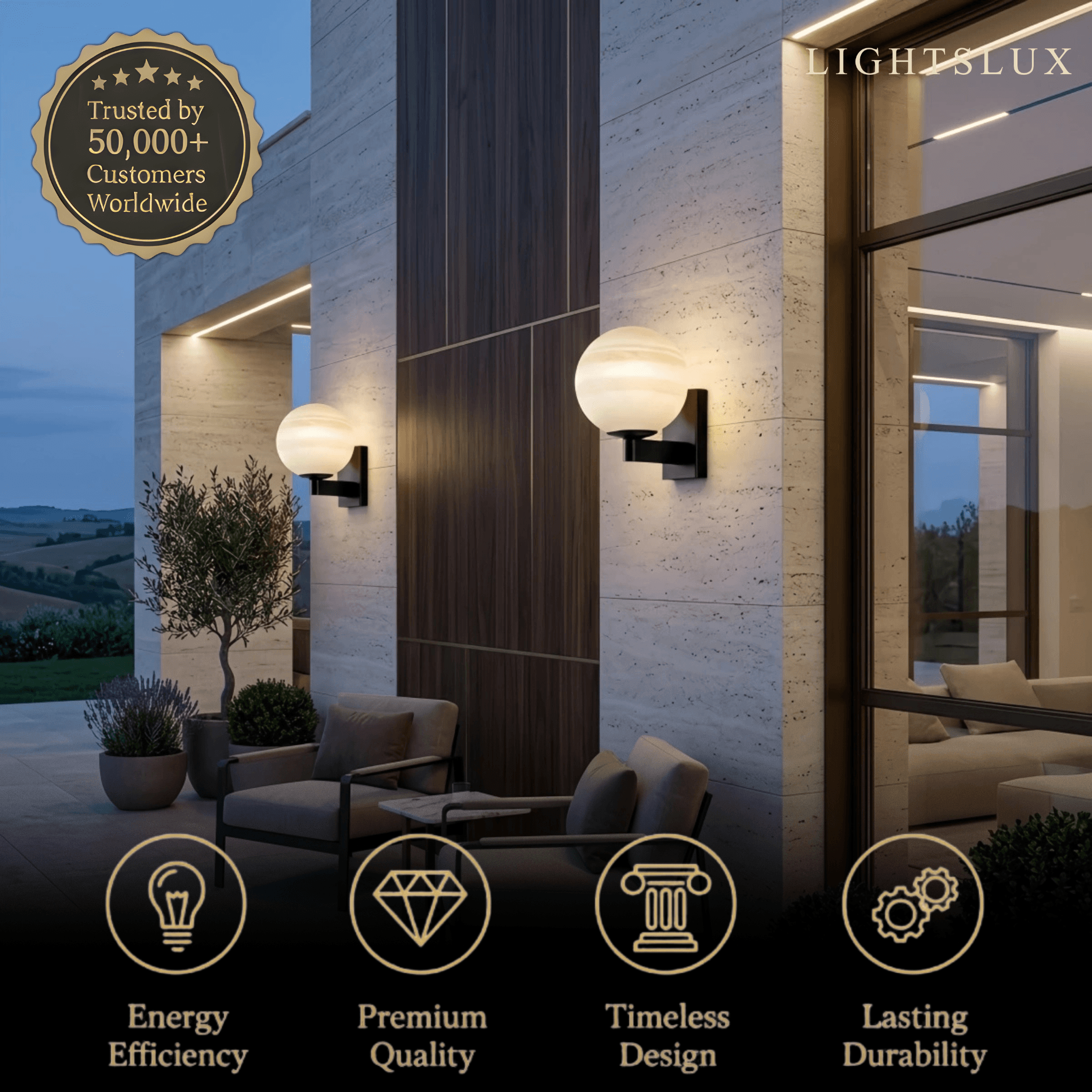 Lunara Art Deco Planet Wall Light -- Stainless Steel & Glass, Black/Beige for Outdoor
