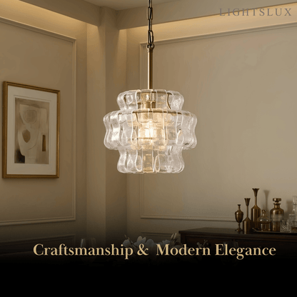 Art Deco Pendant Light -- Curved Textured Glass & Electroplated Brass