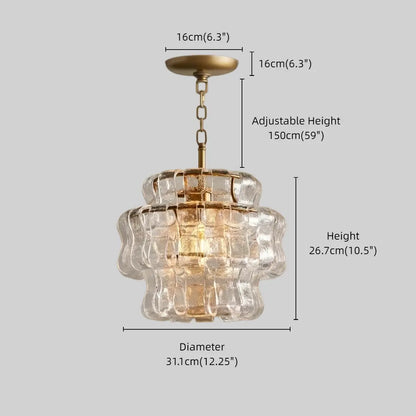 Art Deco Pendant Light -- Curved Textured Glass & Electroplated Brass