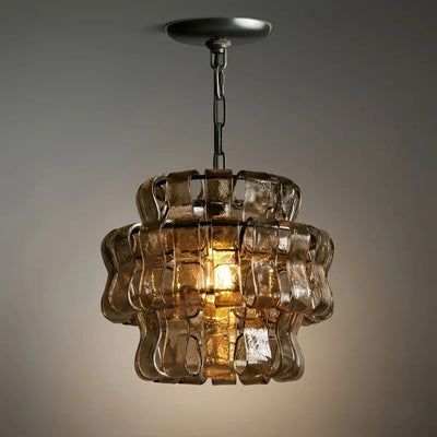 Art Deco Pendant Light -- Curved Textured Glass & Electroplated Brass