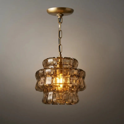 Art Deco Pendant Light -- Curved Textured Glass & Electroplated Brass
