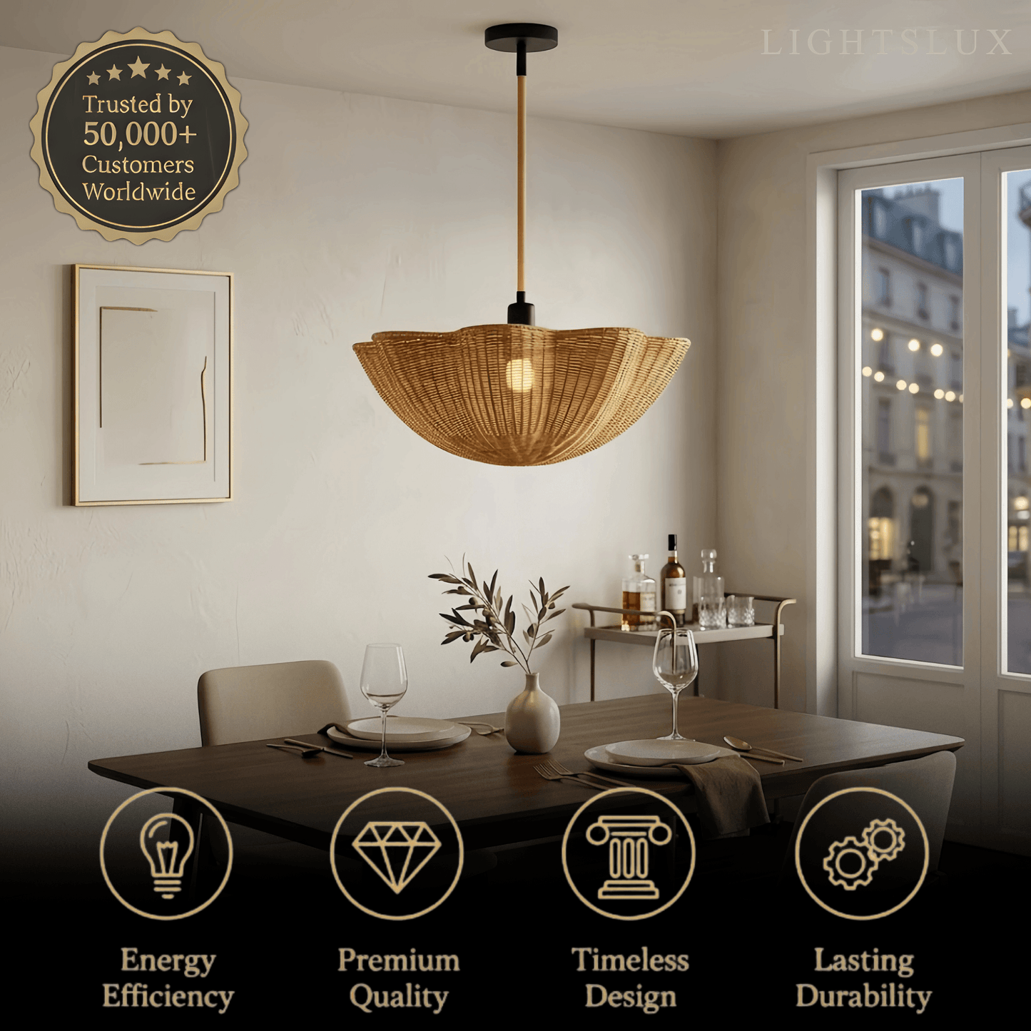 Modern Pendant Light - Scalloped Woven Rattan & Iron for Dining Room