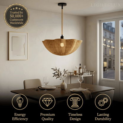 Modern Pendant Light - Scalloped Woven Rattan & Iron for Dining Room