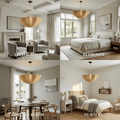Modern Pendant Light - Scalloped Woven Rattan & Iron for Dining Room