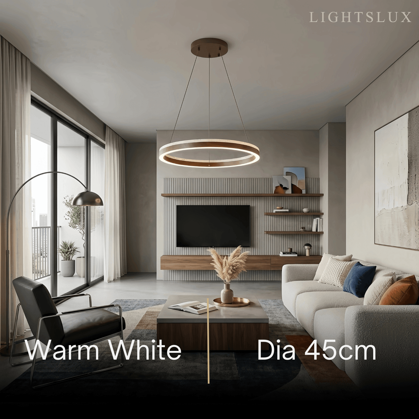Minimalist Ring Chandelier – Travertine & Wood Walnut Beige