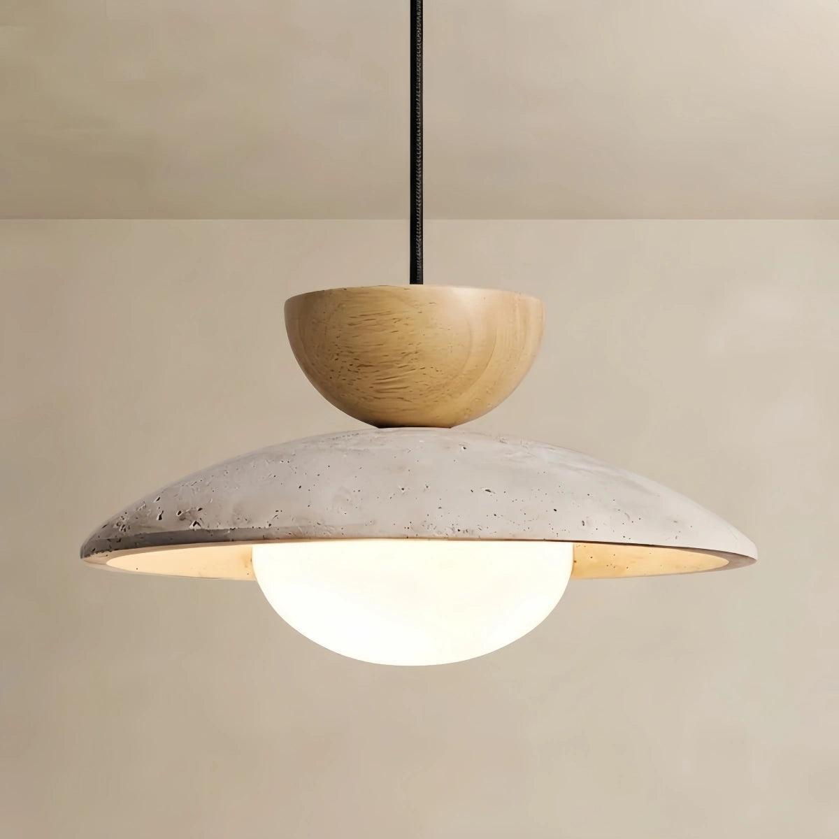 Vivara Minimalist Pendant Light – Glass & Travertine & Wood for Dining Room