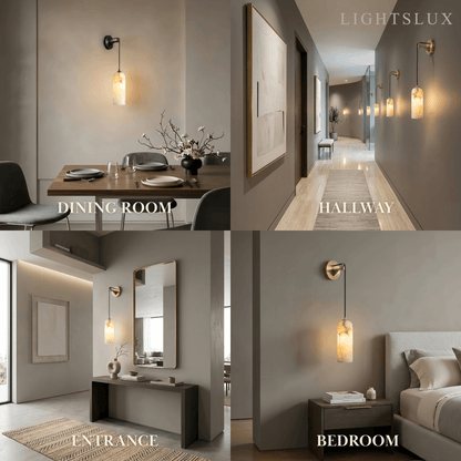 Natural Alabaster Wall Lamp— Brass Body with White Shade