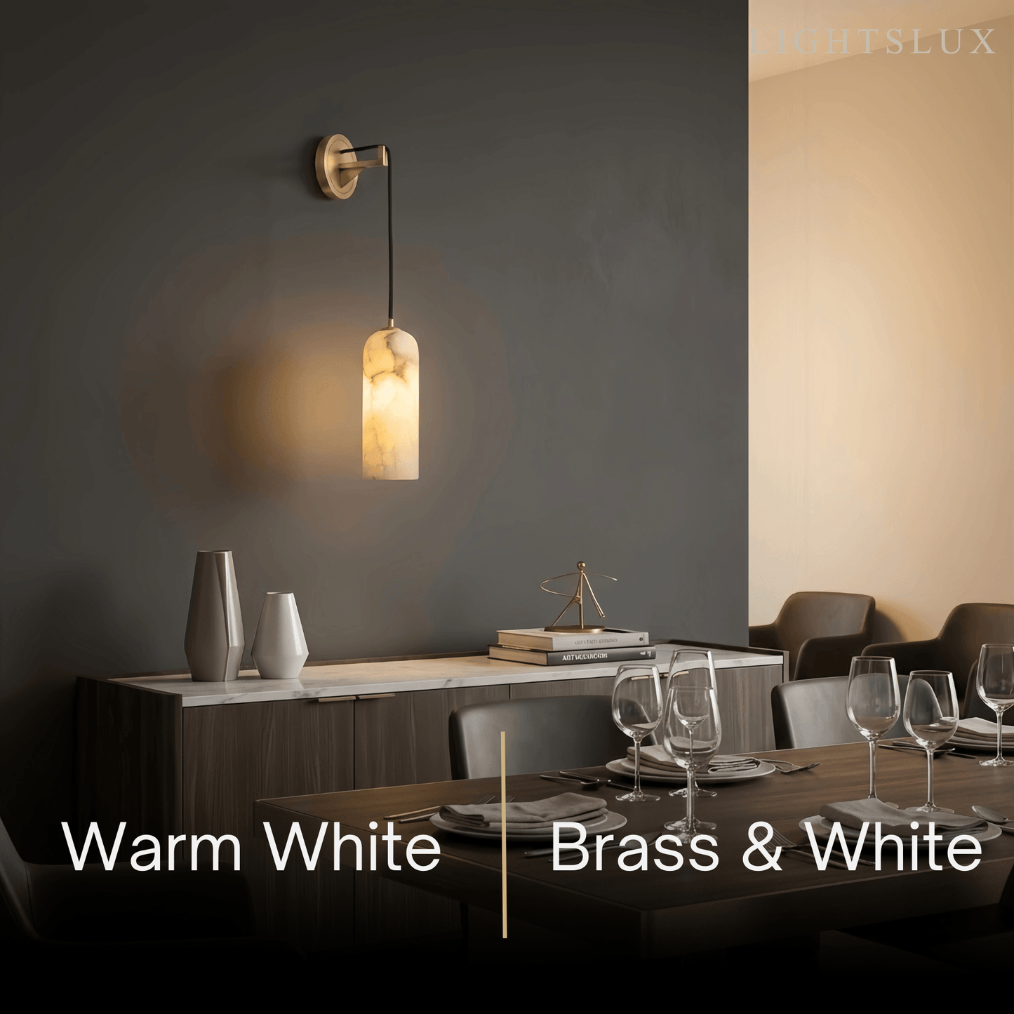 Natural Alabaster Wall Lamp— Brass Body with White Shade