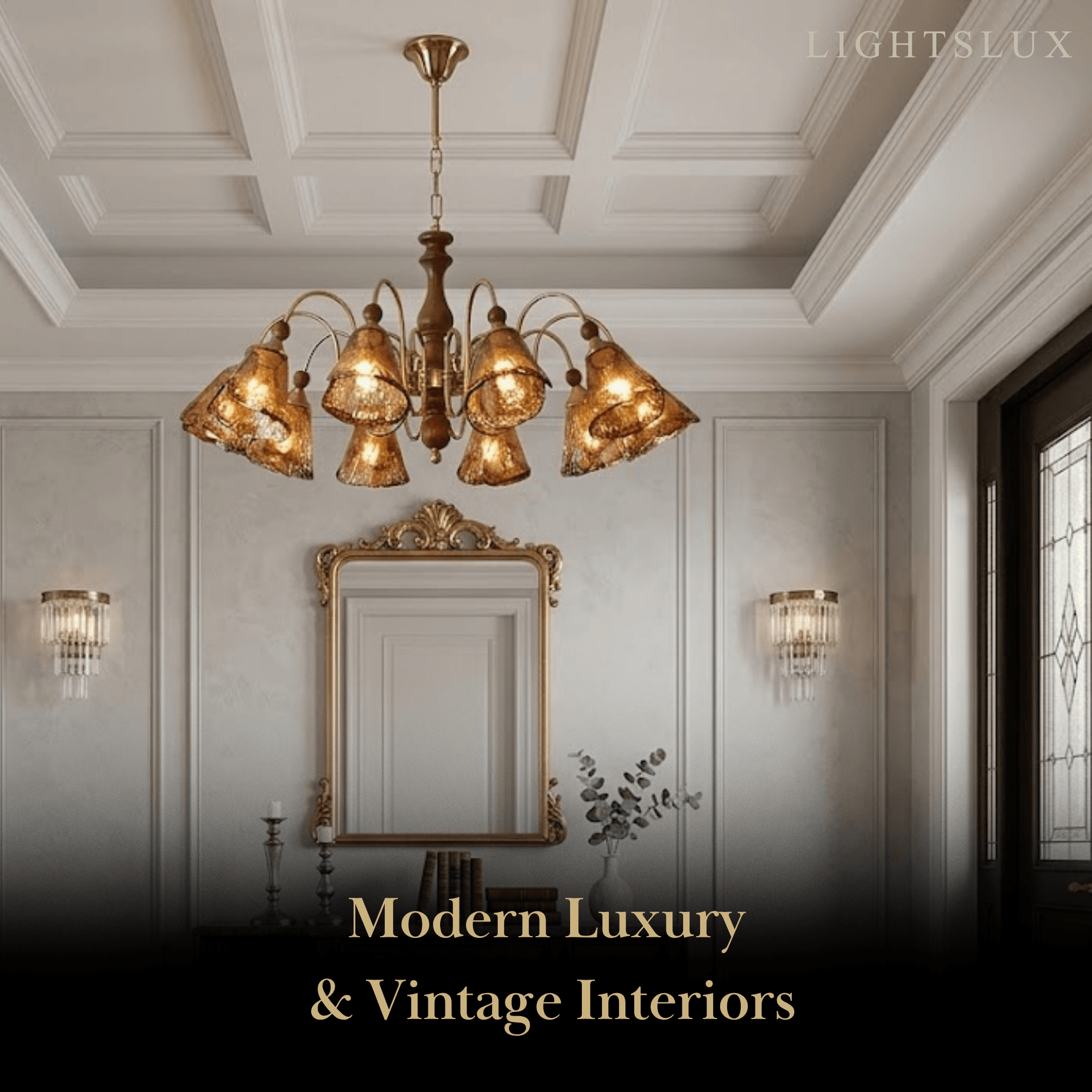 Vintage Multi-Light Ceiling Light — Metal, Glass & Wood with Copper & Walnut