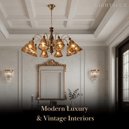 Vintage Multi-Light Ceiling Light — Metal, Glass & Wood with Copper & Walnut