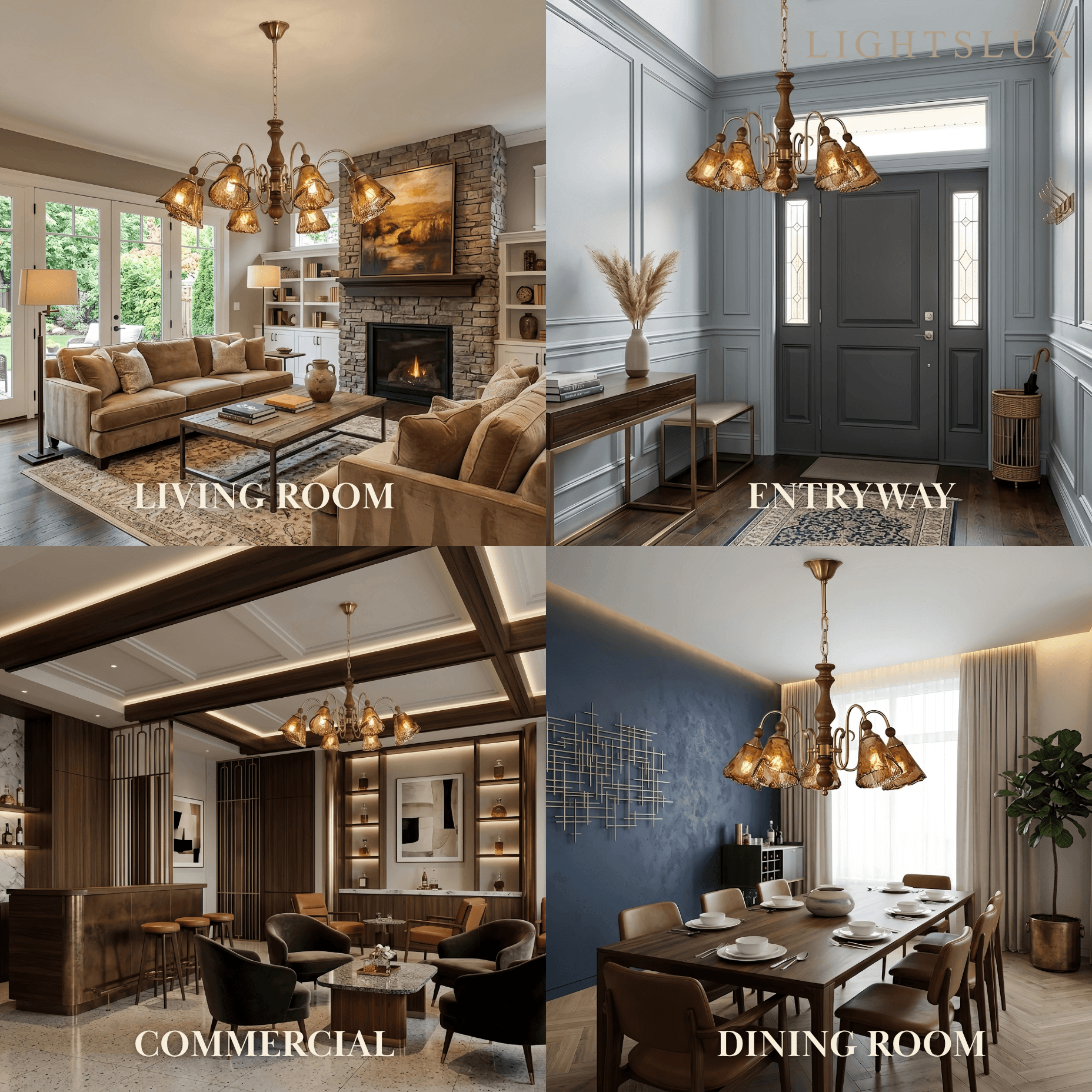 Vintage Multi-Light Ceiling Light — Metal, Glass & Wood with Copper & Walnut