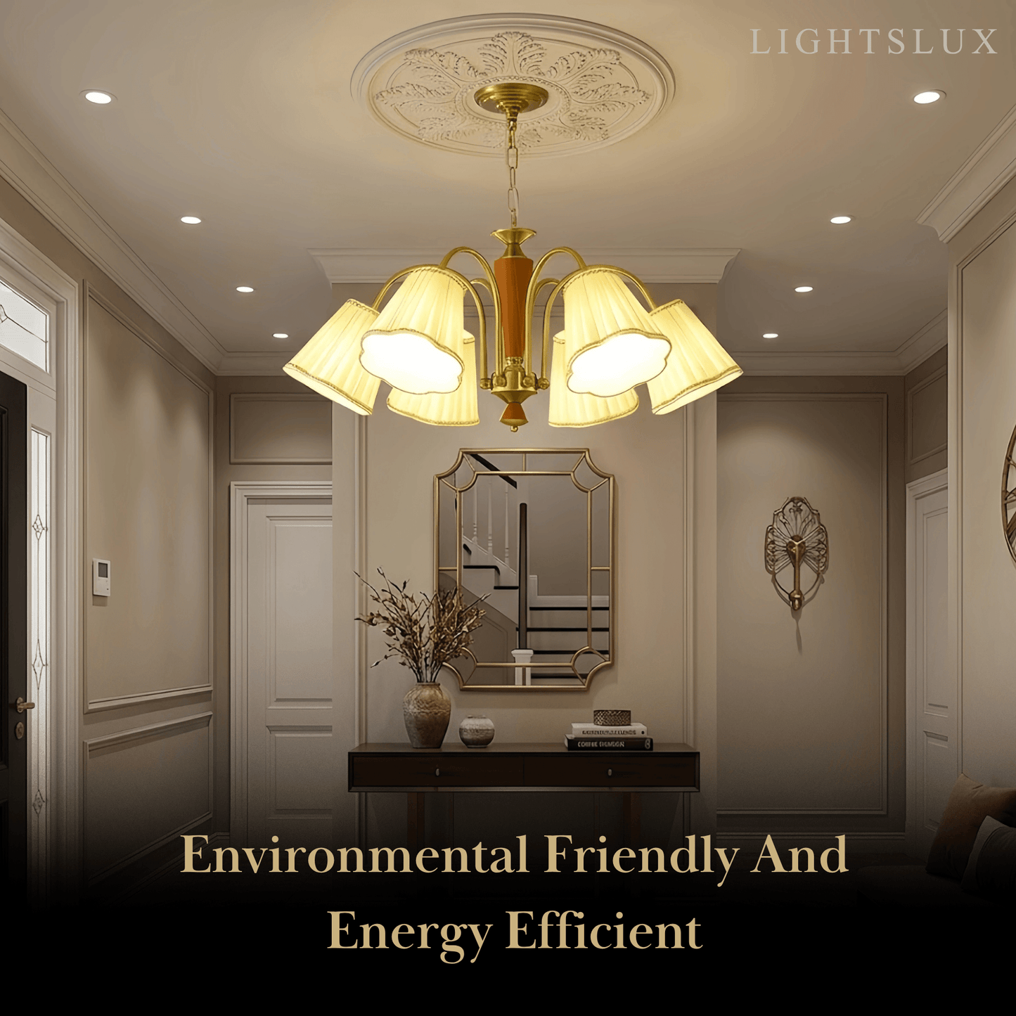 Modern Ceiling Lingt — Metal, Fabric & Walnut Wood with Gold & Walnut