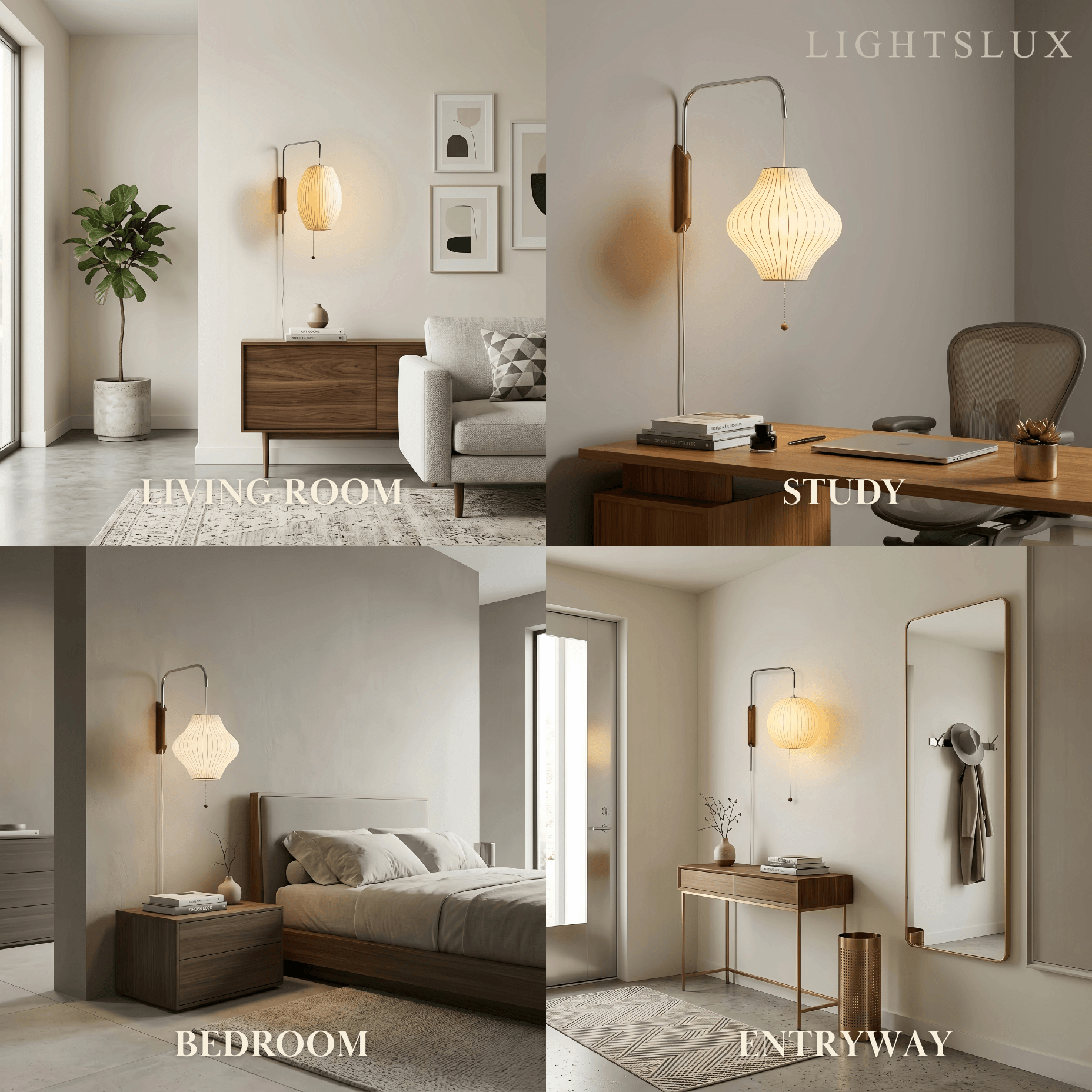 Modern Plug-In Wall Lamp -- Polymer Steel Walnut Metal Chrome & Walnut with White Shade