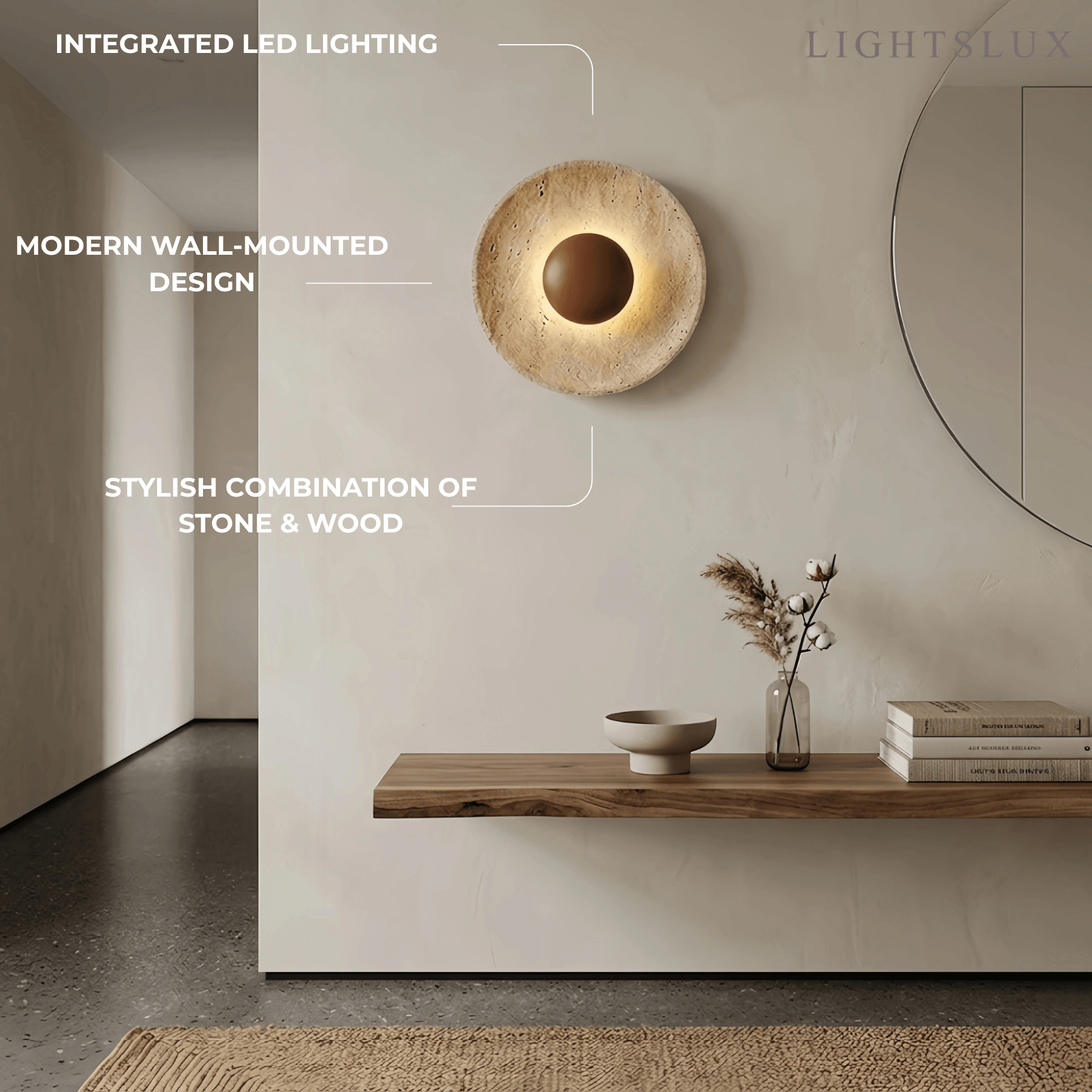 Minimalist Wall Lamp -- Yellow Travertine & Wood
