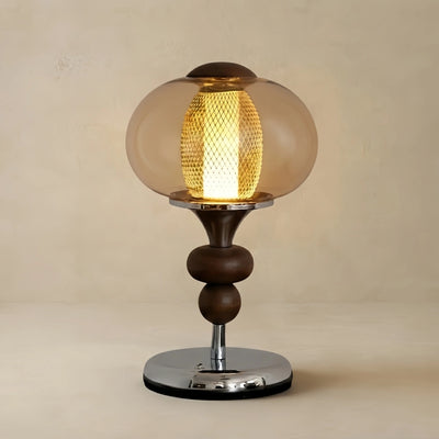 Vivara Vintage Table Lamp – Amber Glass & Walnut Wood for Bedroom / Bedside