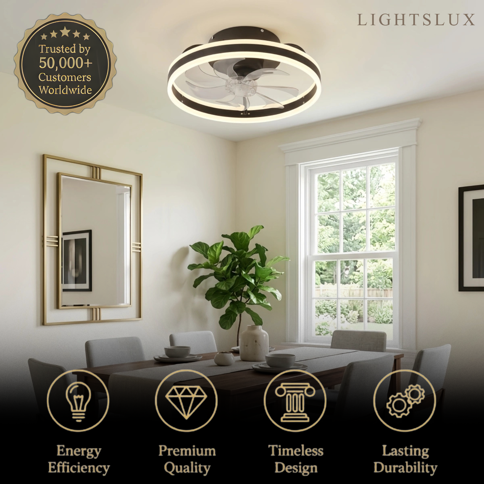 Vivara Modern Semi-Flush Ceiling Fan with Light -- Silent Black & White Iron ABS for Bedroom