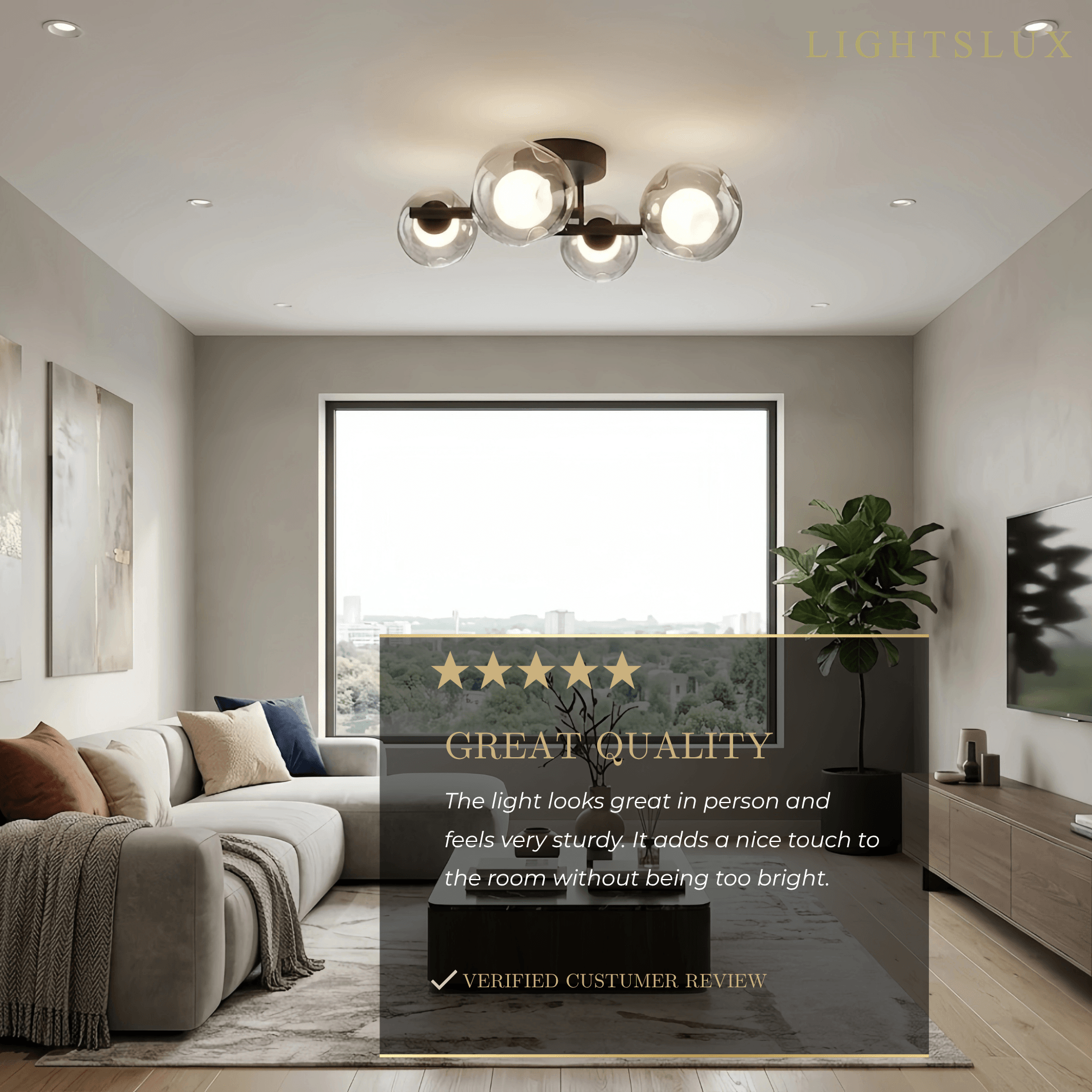 Modern Semi-Flush Mount Ceiling Light — Steel & Glass Smoke Greyc4