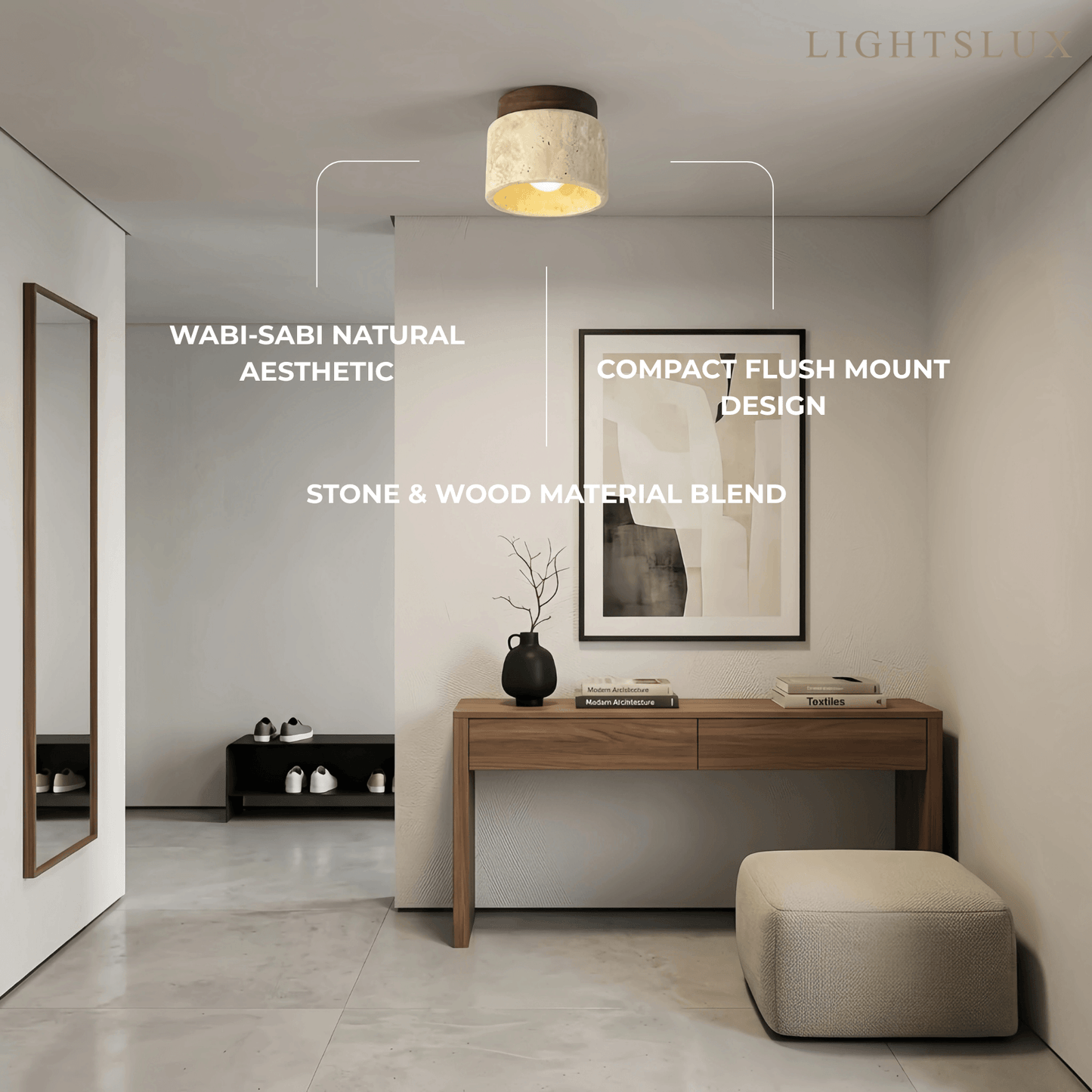 Minimalist Flush Mount Ceiling Light — Stone & Wood Yellow Log Color