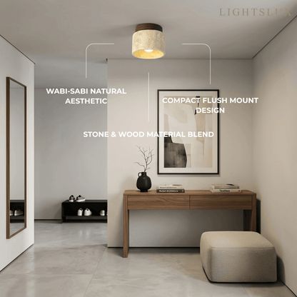 Minimalist Flush Mount Ceiling Light — Stone & Wood Yellow Log Color
