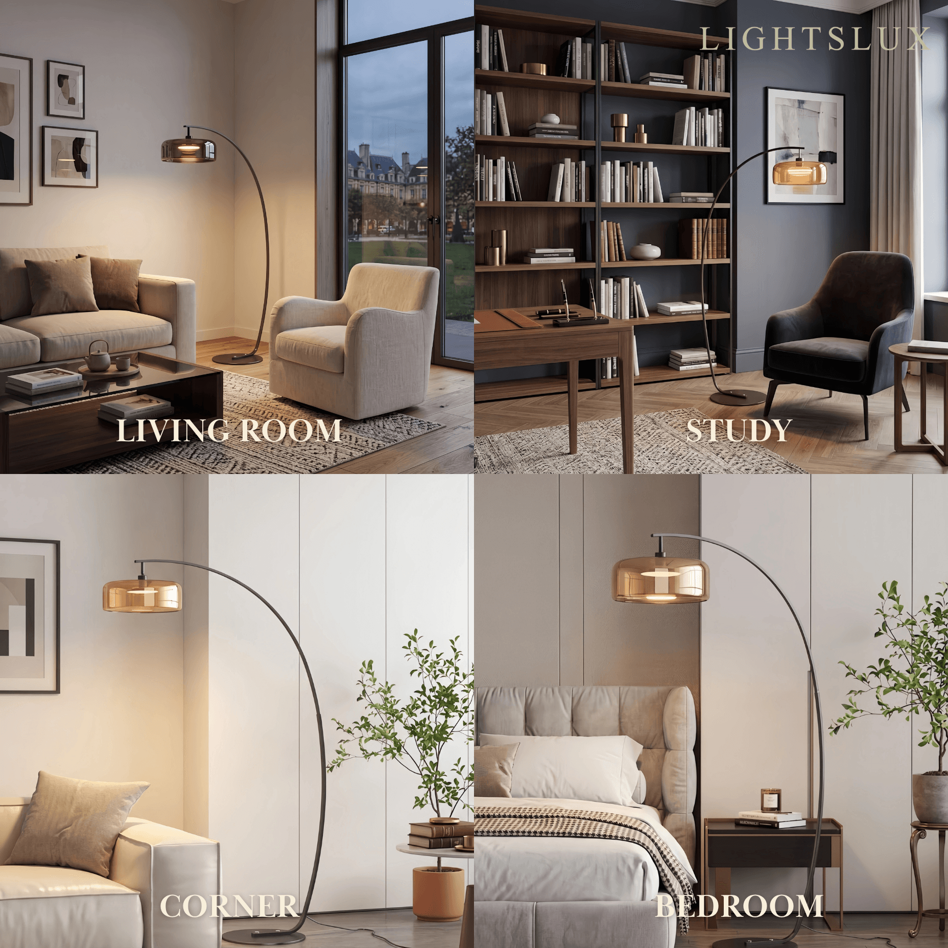 Modern Floor Lamp -- Iron & Glass Amber or Smoky Grey
