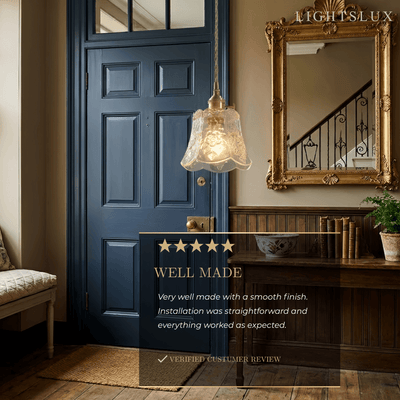 Classic Brass Glass Pendant Light -- Walnut Wood Accent