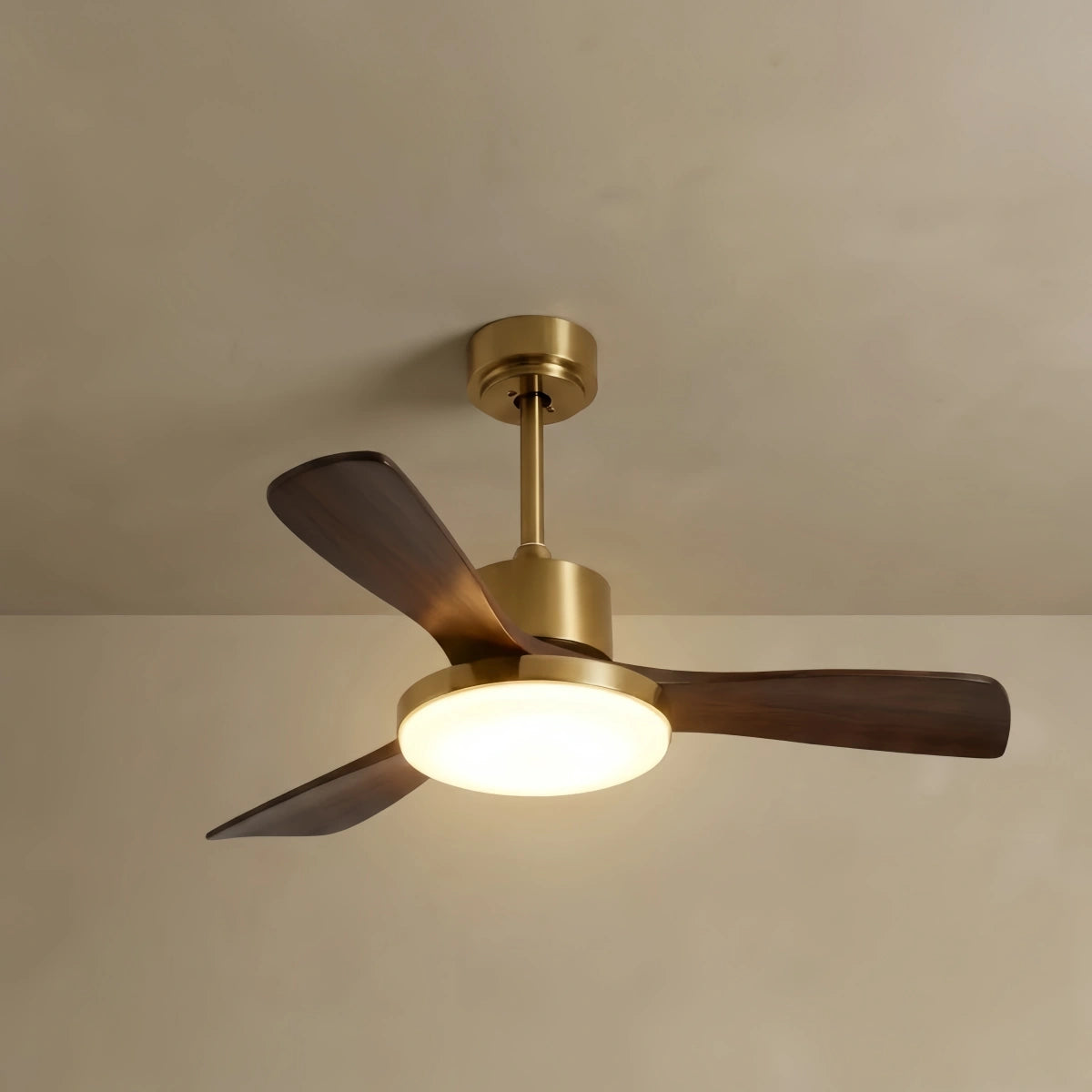Zenno Modern Ceiling Fan Light with LED -- Walnut Wood & Gold for Living Room Bedroom
