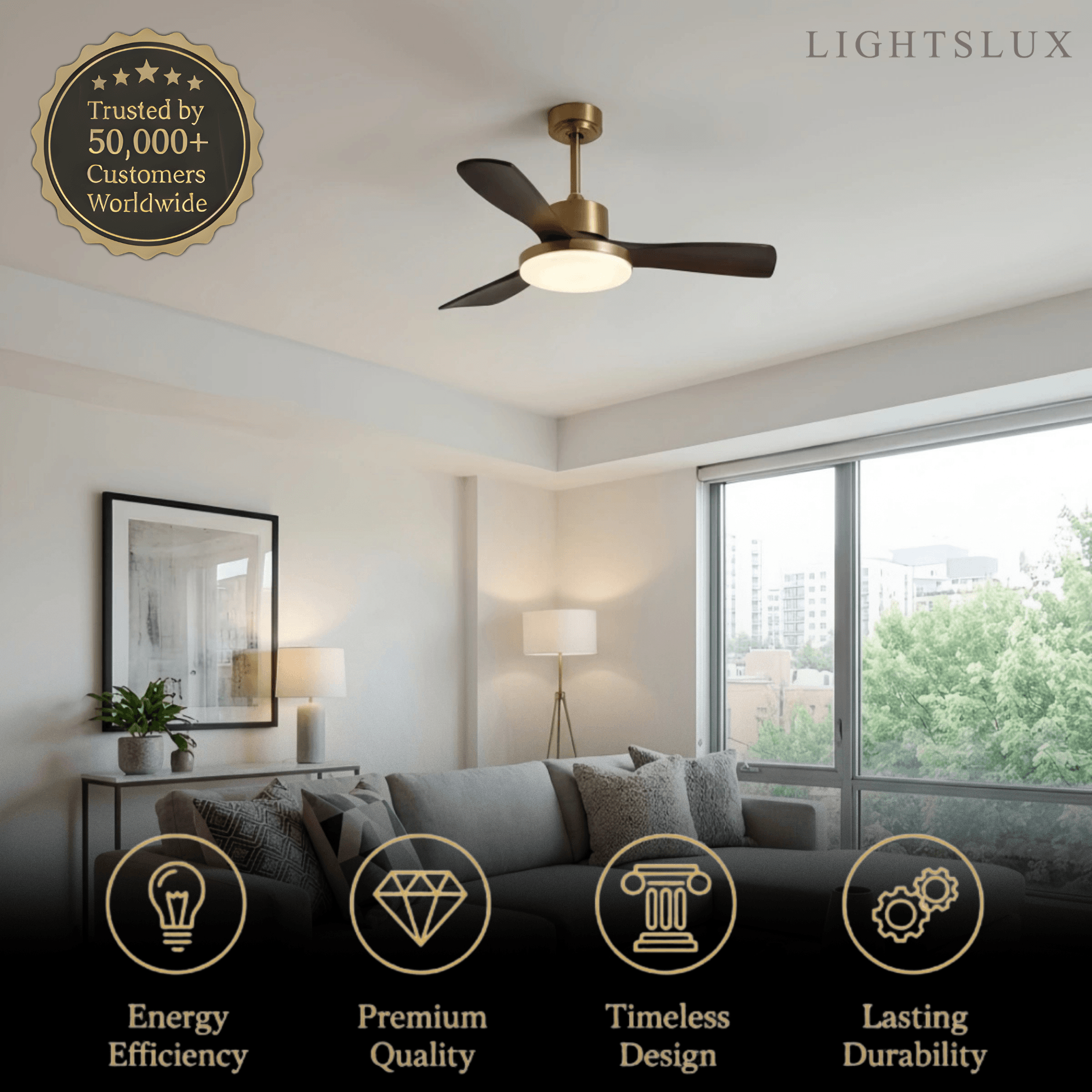 Modern Ceiling Fan Light with LED -- Walnut Wood & Gold
