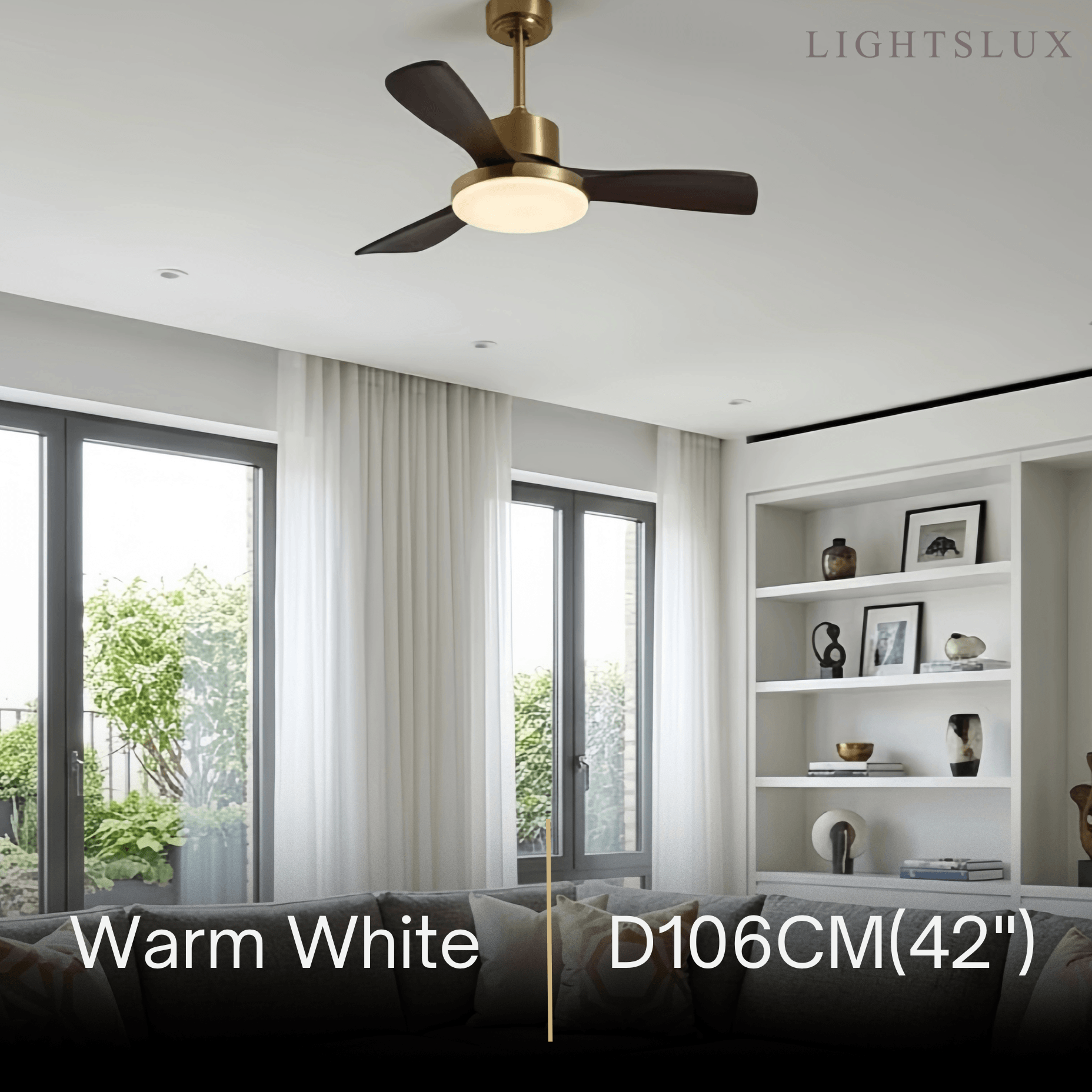 Modern Ceiling Fan Light with LED -- Walnut Wood & Gold