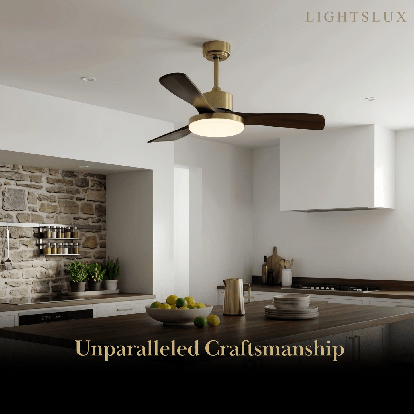Modern Ceiling Fan Light with LED -- Walnut Wood & Gold