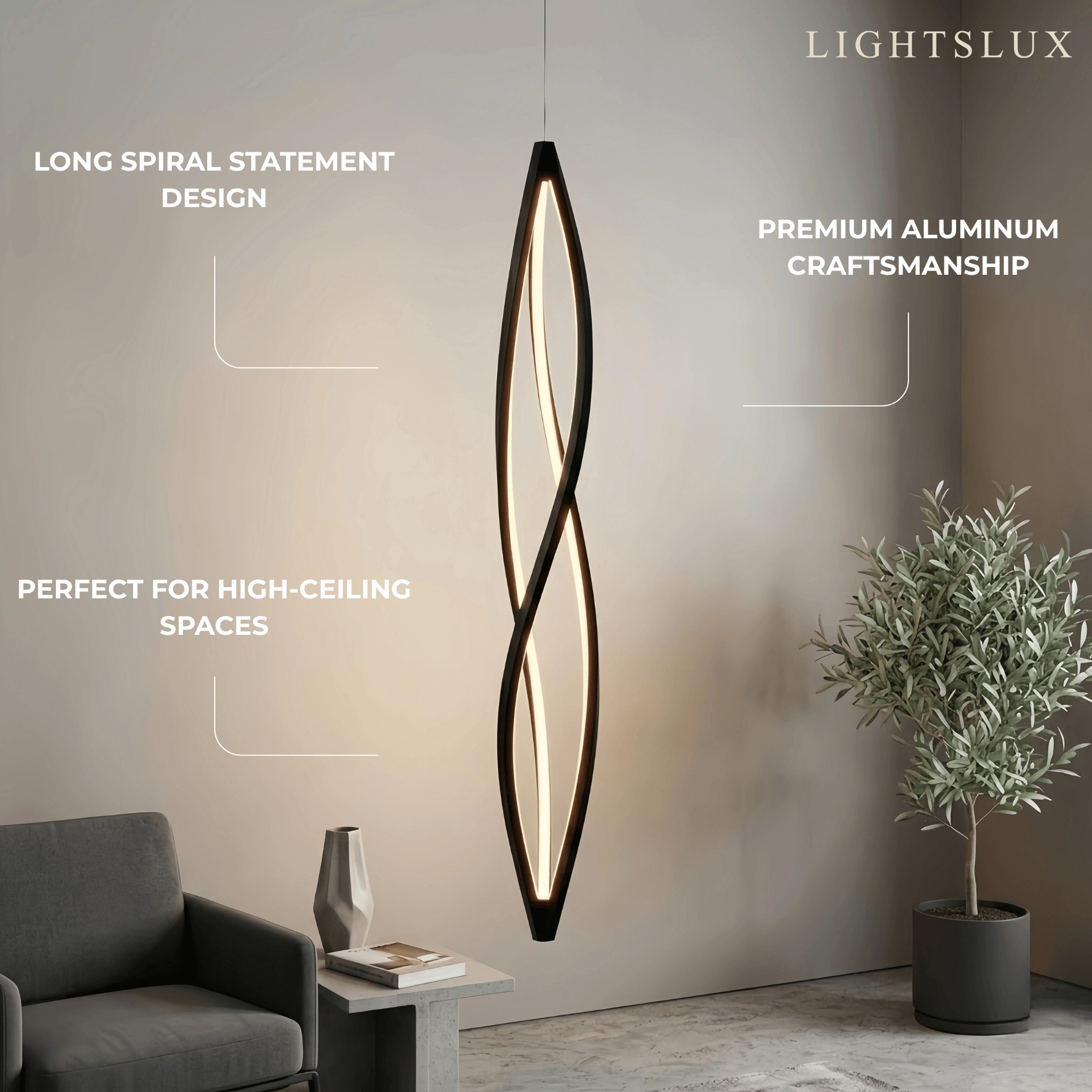 Arcato Art Deco Helix Pendant Light – Black/White Aluminum for Dining Room / Staircase