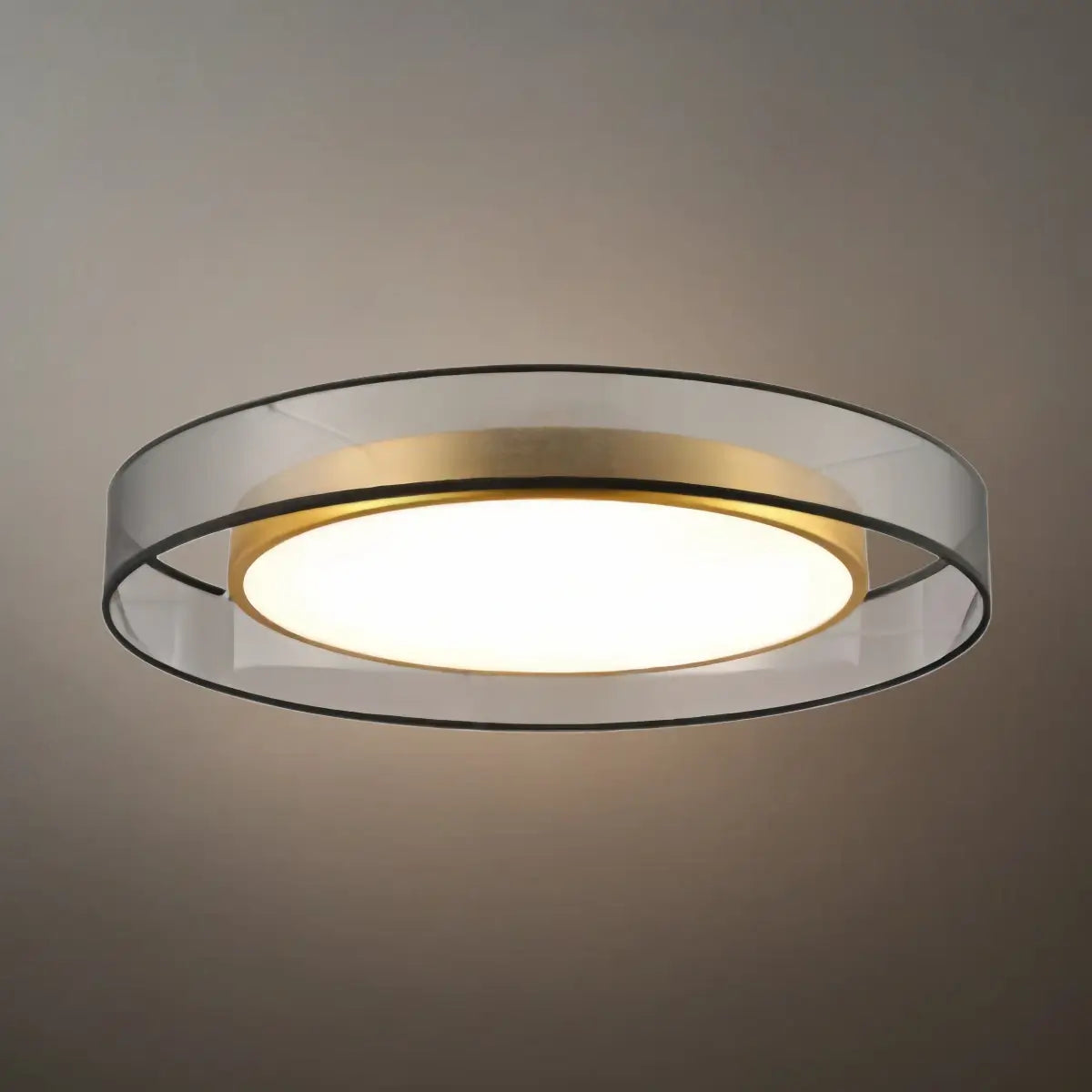 Art Deco Round Ceiling Light -- Black Metal & Fabric