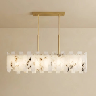 Alba Art Deco Square Alabaster Chandelier – Hollow Frame Gold Pendant Light for Dining