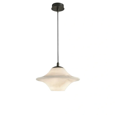 Modern Saucer Alabaster Pendant Light -- Black Metal