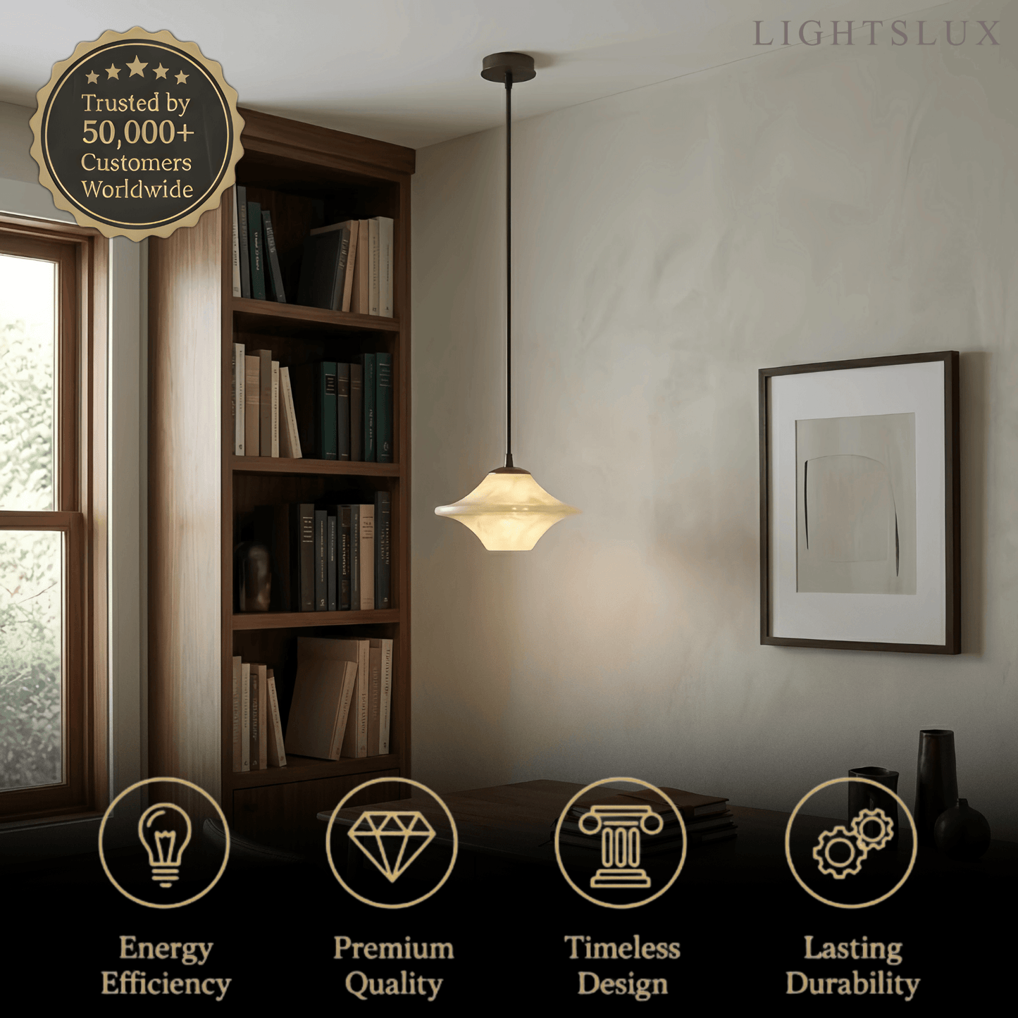 Modern Saucer Alabaster Pendant Light -- Black Metal