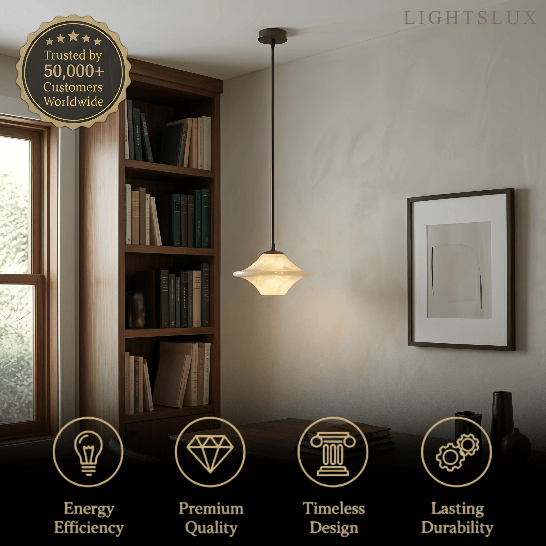 Modern Saucer Alabaster Pendant Light -- Black Metal