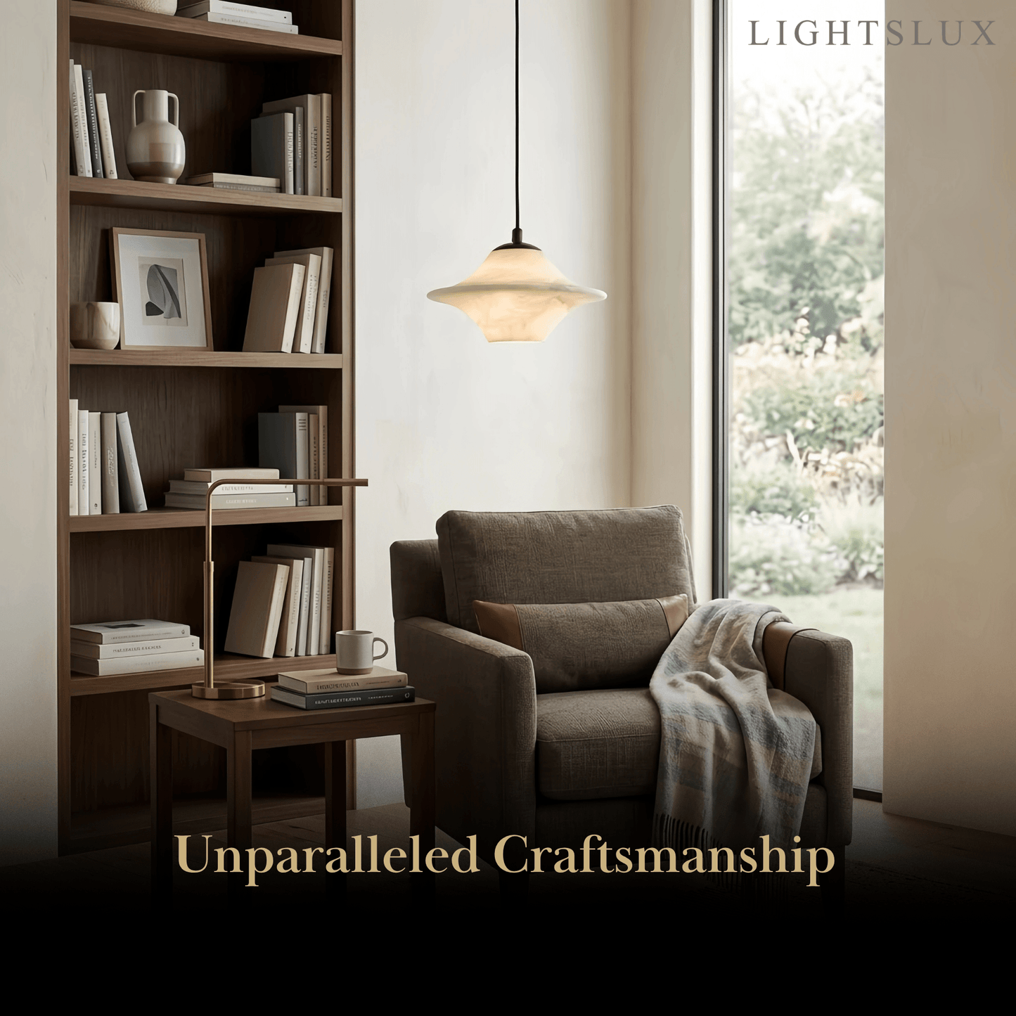 Modern Saucer Alabaster Pendant Light -- Black Metal