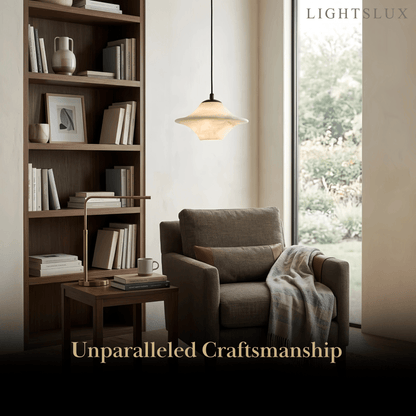 Modern Saucer Alabaster Pendant Light -- Black Metal