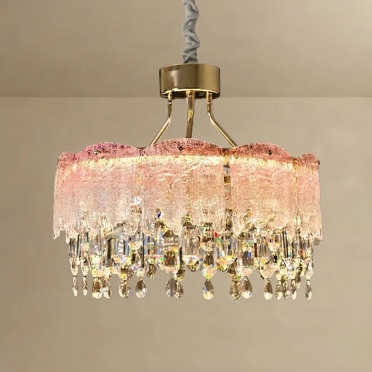 Elegant Glass Fringe Crystal Chandelier – Green/Pink/Clear Round for Bedroom / Dining Room