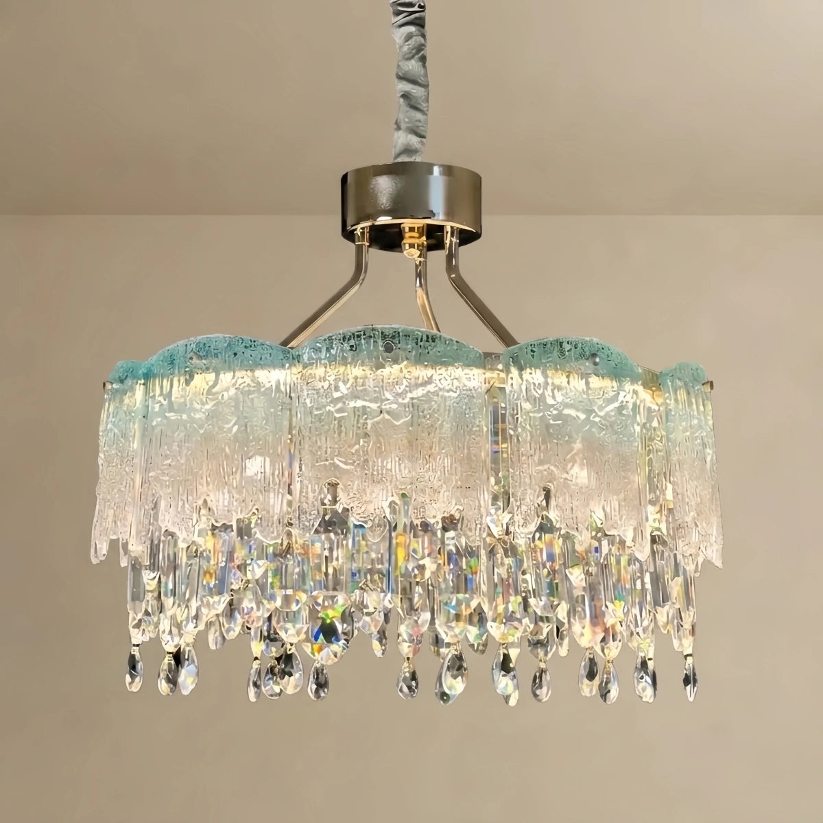 Vetro Elegant Glass Fringe Crystal Chandelier – Green/Pink/Clear Round for Bedroom