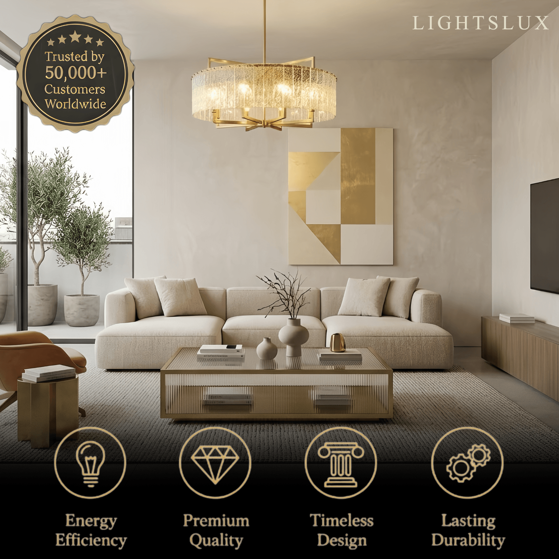 Excelis Modern Textured Glass Round Chandelier – Gold Brass for Dining Room / Kitchen