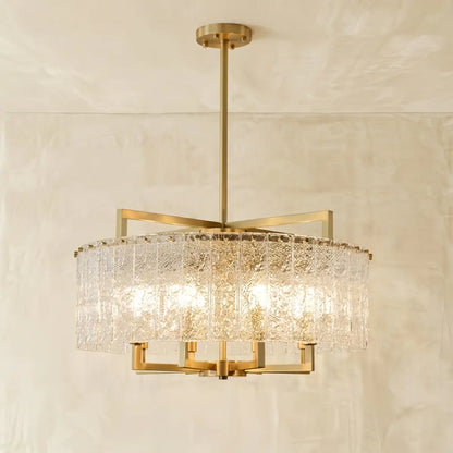 Excelis Modern Textured Glass Round Chandelier – Gold Brass for Dining Room / Kitchen
