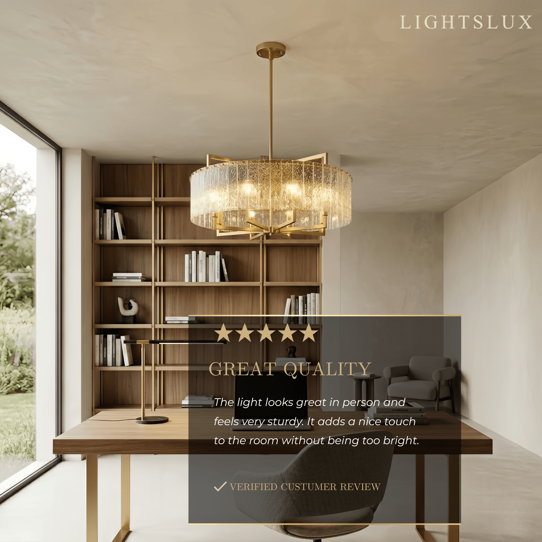 Excelis Modern Textured Glass Round Chandelier – Gold Brass for Dining Room / Kitchen
